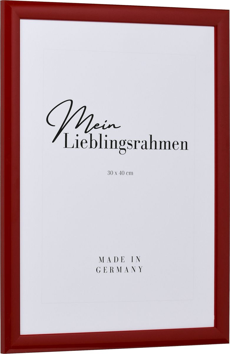 Seitenansicht eines roten Hochglanz-Holzrahmens mit leicht abgerundeten Kanten